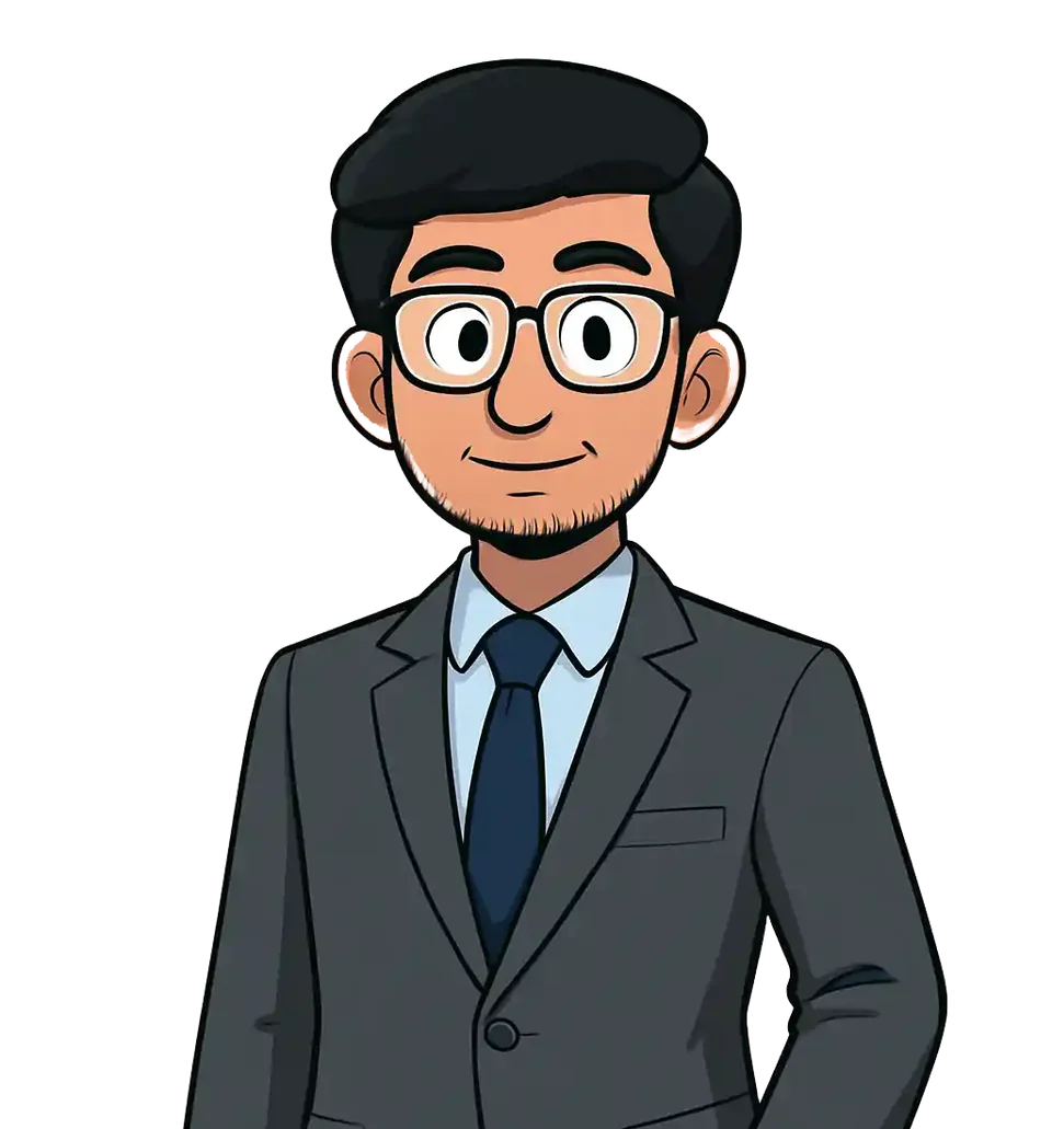 Illustrated portrait of Burhan Ahmad, wearing glasses and a grey suit